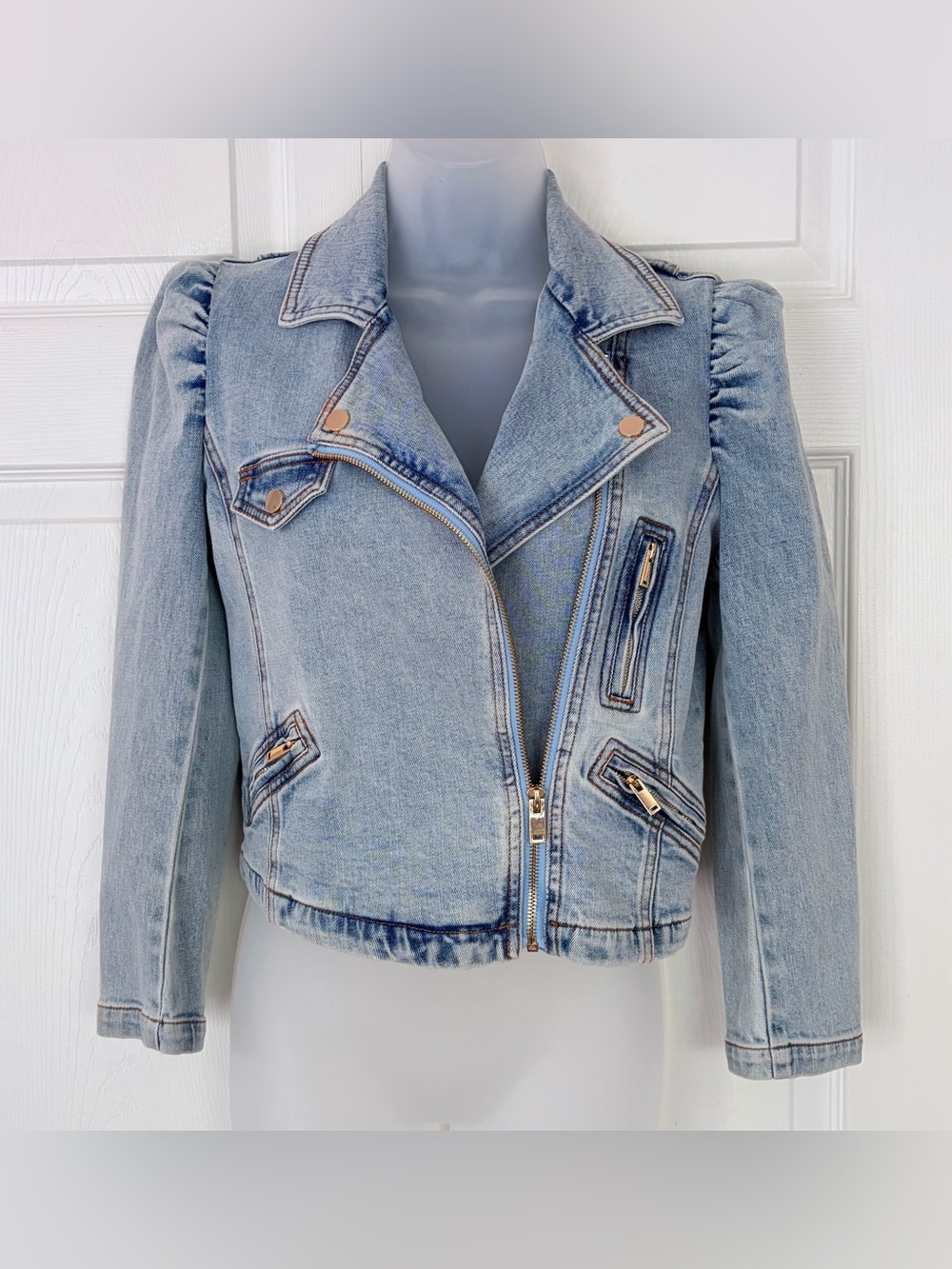 Generation Love Denim Jacket Puffed Shoulders Light Wash Blue Small